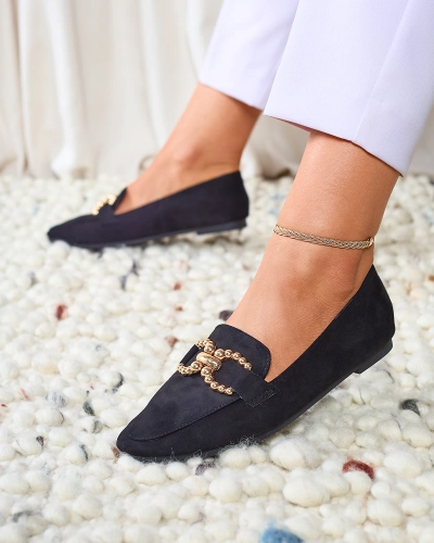Royalfashion Черные женские мокасины из эко-кожи с украшением Bissefi