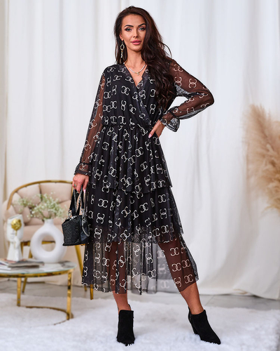 Royalfashion Juoda tinklinė midi suknelė su raštu