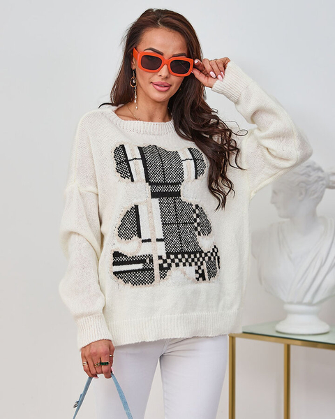 "Royalfashion" Kreminis moteriškas megztinis su meškiuku