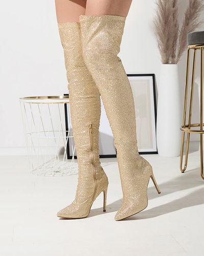 Золотые женские сапоги выше колена с блестками Qesda- Footwear