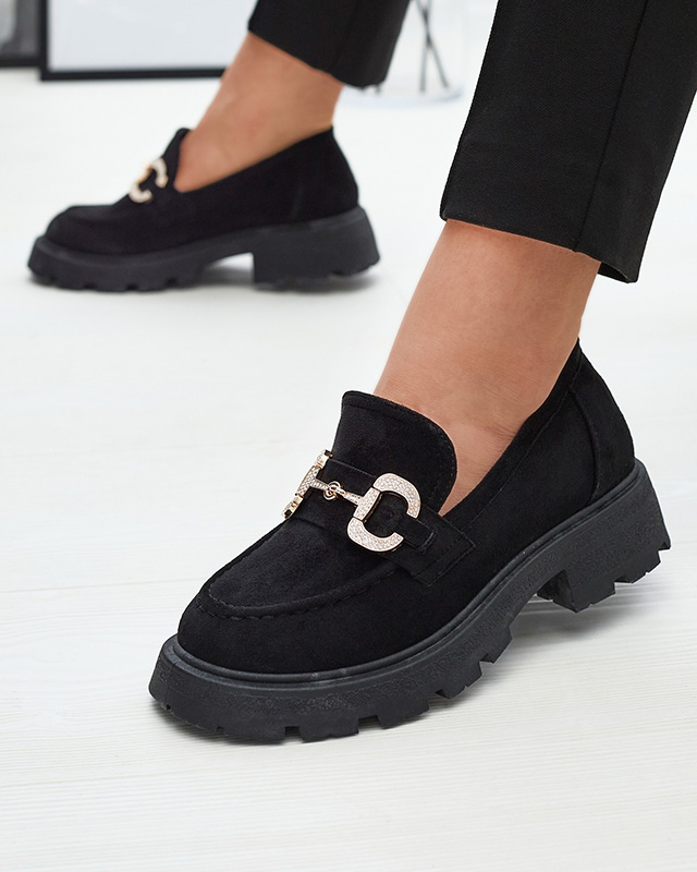 Juodi moteriški mokasinai su aukso ornamentu Ryci - Avalynė