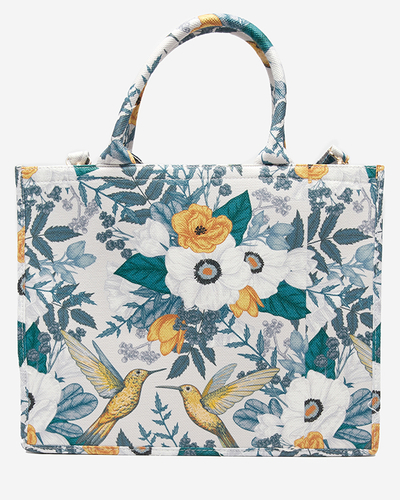 Сумка-шоппер женская серо-синяя с цветочным принтом
