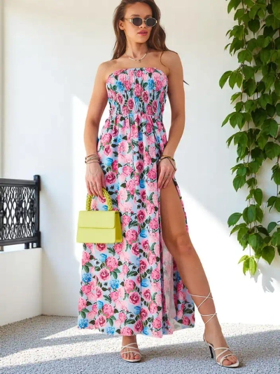 Royalfashion Raštuota moterų midi suknelė be rankovių, turinti plačią elastingą juostą ir praplatinimus apačioje