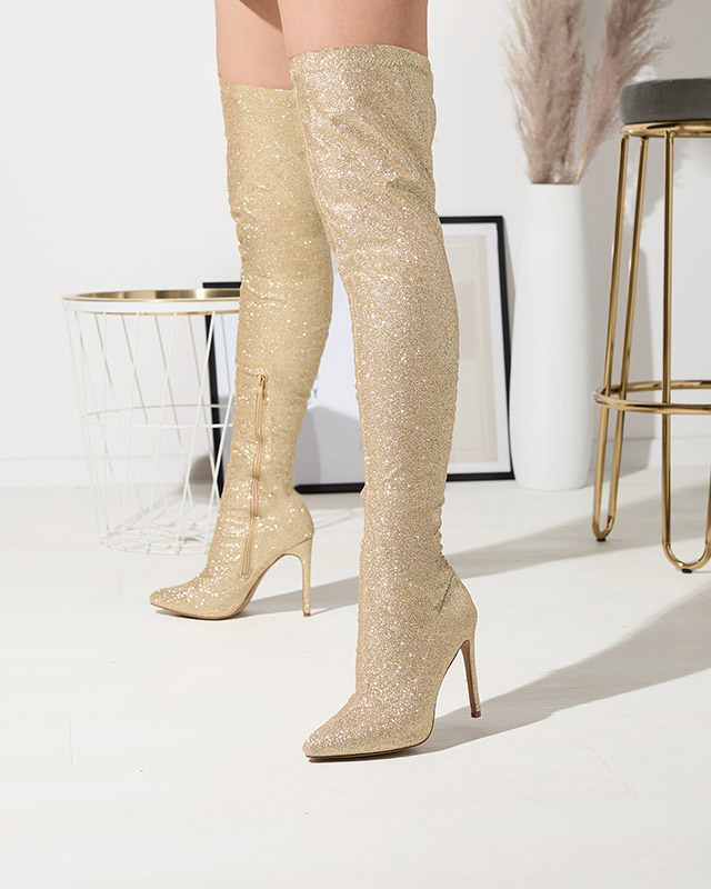 Auksiniai moteriški bateliai virš kelių su blizgučiais Qesda- Avalynė