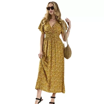 Geltonos spalvos moteriška midi suknelė su mažomis gėlytėmis - Apranga