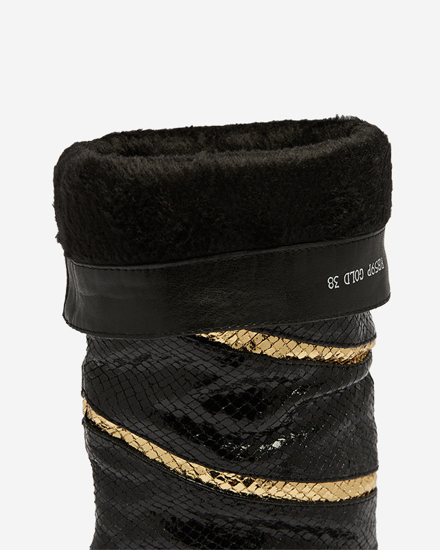 Черно-золотые женские сапоги на шпильке с тиснеными полосками Felifea- Footwear