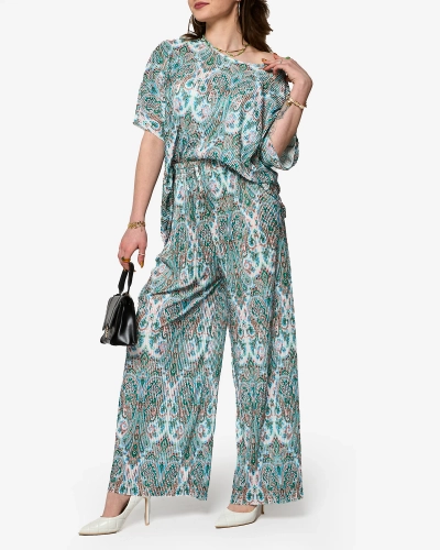 Зелено-белый ребристый женский комплект с принтом - Одежда