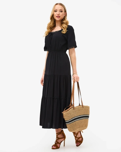 Черное длинное женское платье с короткими рукавами- Одежда