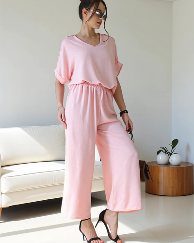 Royalfashion Moteriška kasdienė komplektas su trumpomis rankovėmis bliuson ir plačiomis kelnėmis