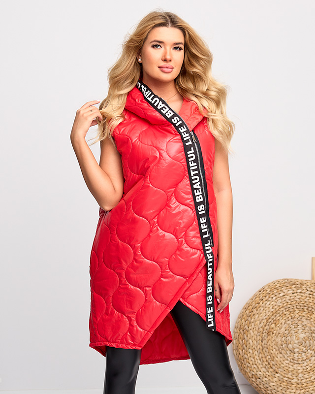Красный длинный стеганый жилет с принтом