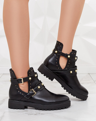 Royalfashion Черные женские украшенные сапоги на плоском каблуке Pearl Elegance