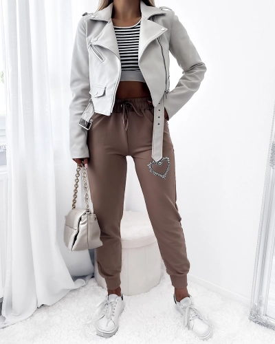 Šviesiai rudos spalvos moteriškos sportinės kelnės su cirkonių papuošimais - Apranga