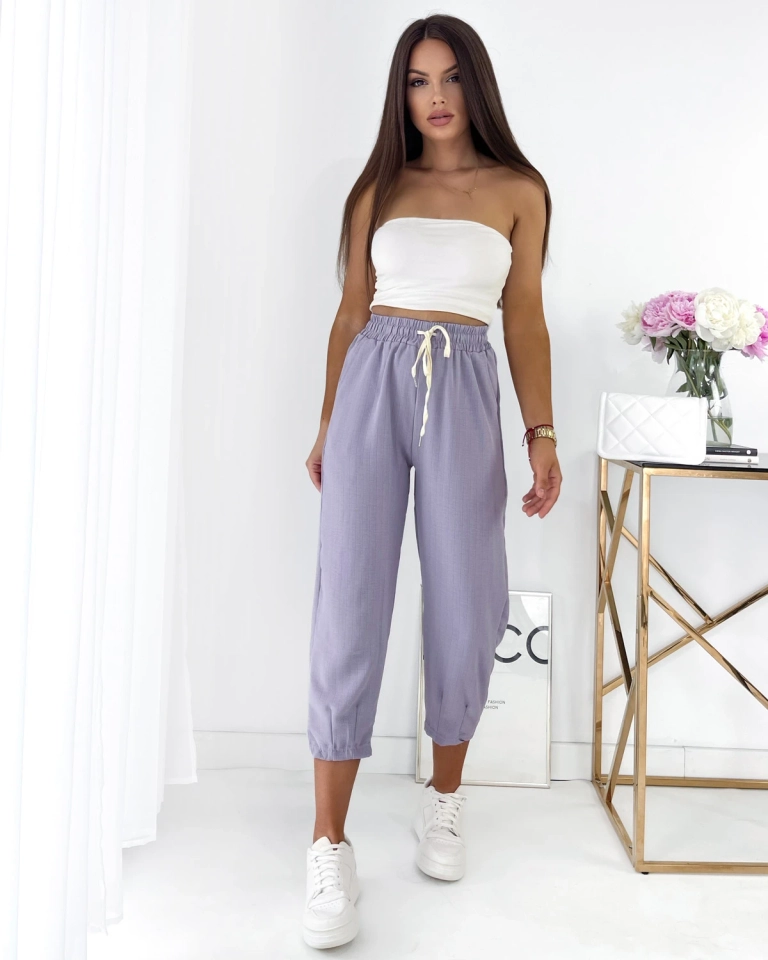 "Royalfashion" Violetinės moteriškos medžiaginės kelnės 7/8