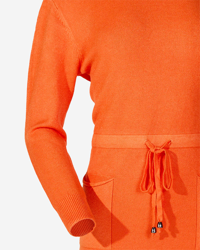 Oranžinės spalvos moteriškas megztinis su gobtuvu tunika – drabužiai