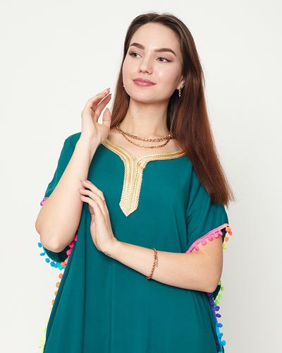 Tamsiai žalia moteriška vasaros paplūdimio tunika su pomponais - Drabužiai