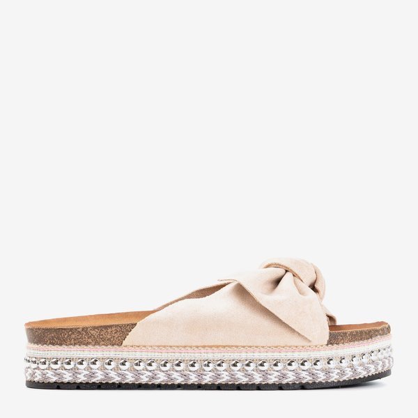 Beżowe klapki damskie z kokardką Kordesa - Obuwie