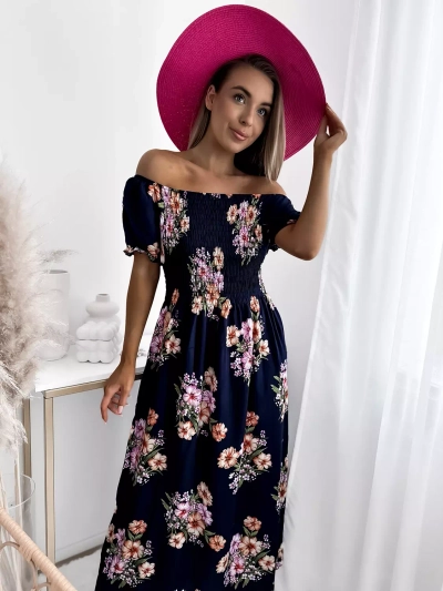 Женское темно-синее платье-миди с цветочным узором - Одежда