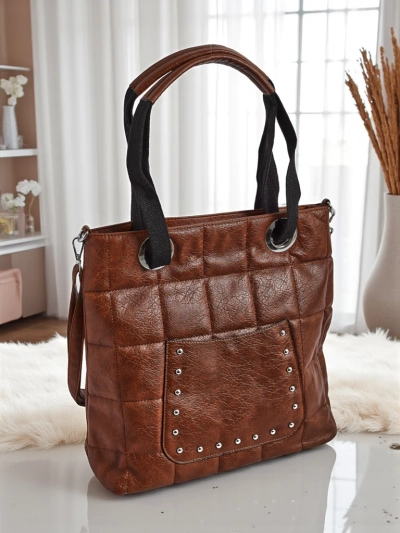 Женская сумка Calista коричневая из экокожи с заклепками 41x35 см