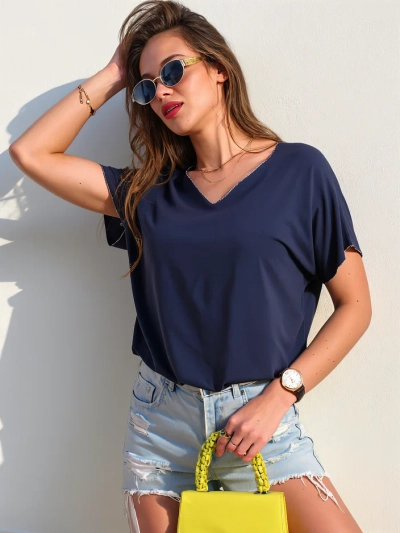 Royalfashion moterų viskozės bliuskelė su trumpomis rankovėmis ir blizgučių apdaila