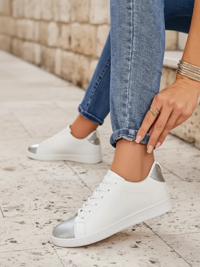 Moteriški Royalfashion Calista sidabro-balti stilingi sportbačiai, eko oda