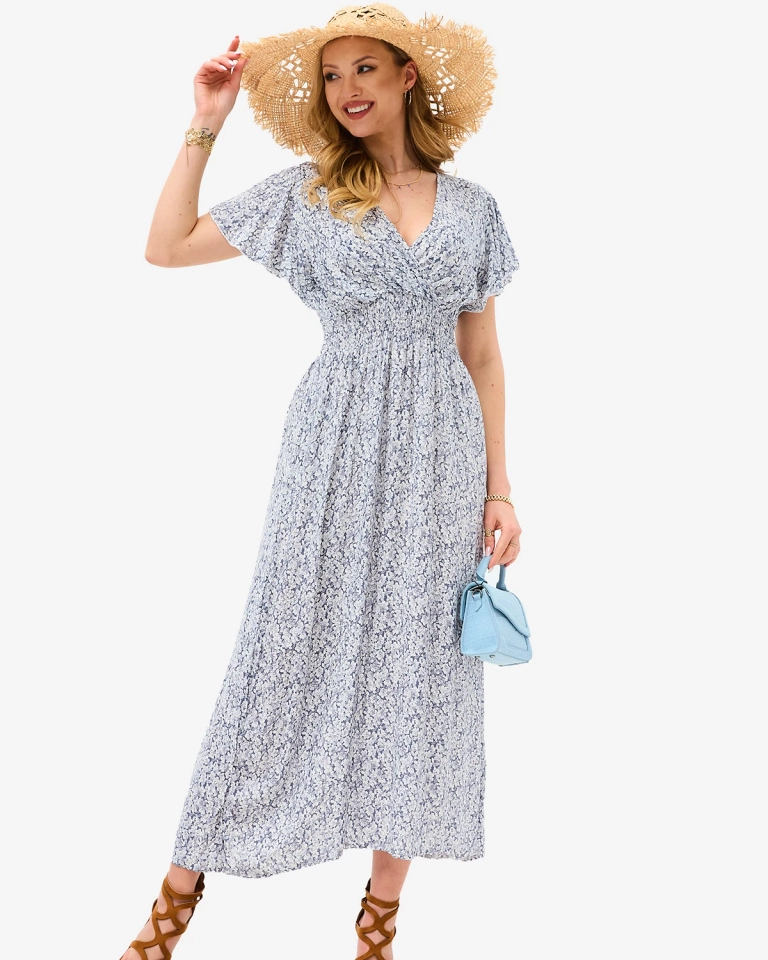 Цветочное серое женское платье с вырезом-конвертом - Одежда