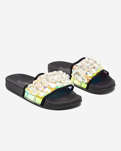 Juodos moteriškos guminės šlepetės su Omisa kristalais - Avalynė