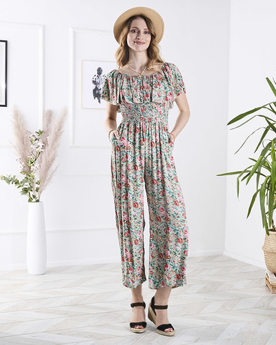 Žalios-rožinės spalvos ilgas gėlių rašto moteriškas kombinezonas - Apranga