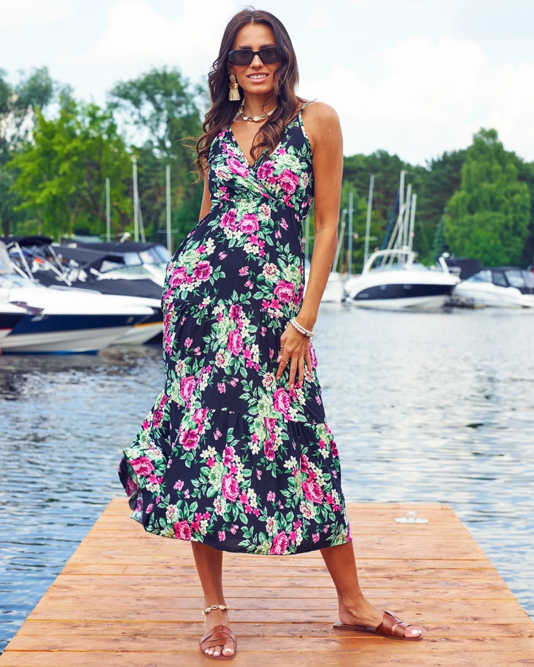 Royalfashion Черное длинное женское цветочное платье