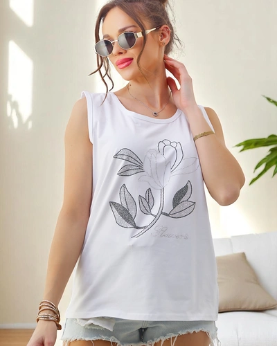 Royalfashion medvilnės moterų marškinėliai be rankovių su deimantais GĖLĖS