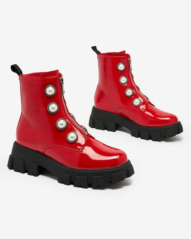 Royalfashion Raudoni lakuoti moteriški batai su perlais Asiciu