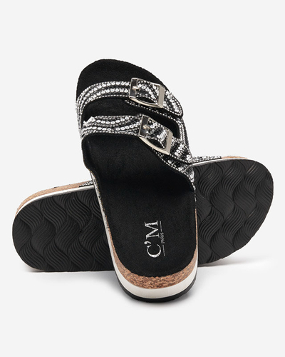 Moteriškos šlepetės su kubiniais cirkoniais juodos spalvos Lalud-Footwear