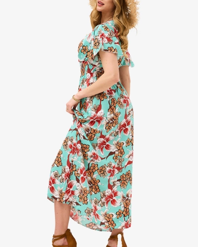 Женское платье-миди мятного цвета с цветочным узором - Одежда