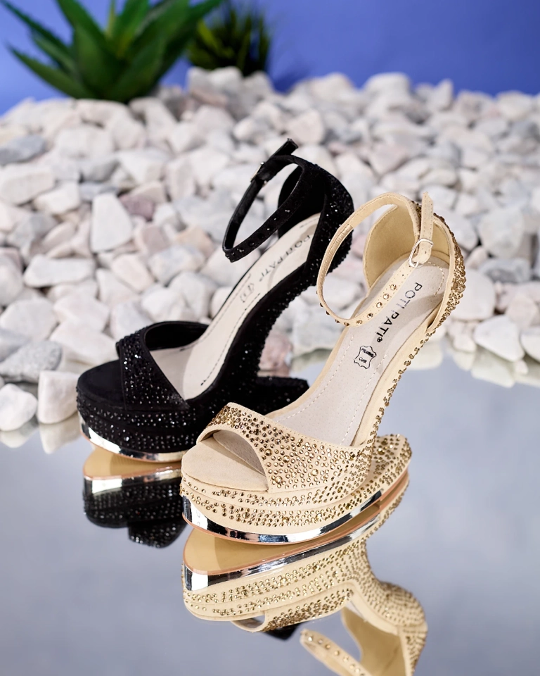 Золотые женские туфли с открытым носком и цирконами Elenki - Обувь