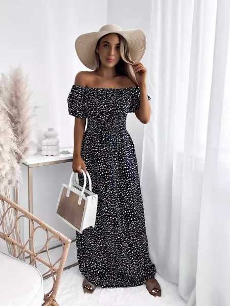 Tamsiai mėlyna moteriška maksi suknelė su žirneliais- Apranga