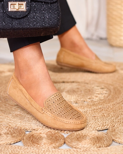 Светло-коричневые женские мокасины с цирконами Bretika - Обувь