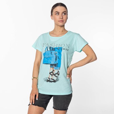 Mėtų spalvos moteriški marškinėliai su FASHION-Clothing spauda