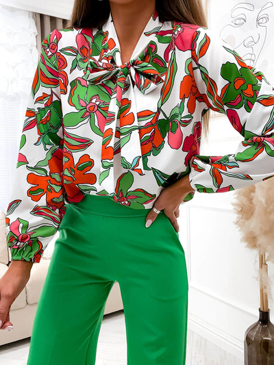 Raštuota balta moteriška palaidinė su raiščiu - Apranga