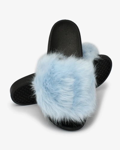 Royalfashion Juodai mėlynos moteriškos šlepetės su kailiu Danita