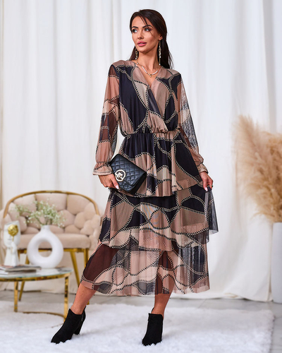 Royalfashion Juoda ir šviesiai ruda tinklinė midi suknelė su raštu
