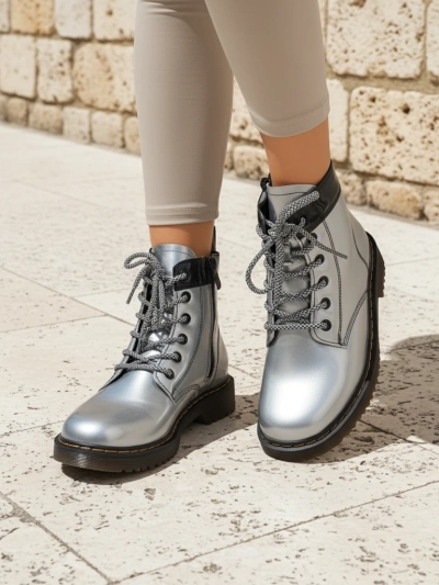 Celestina Eco Patent Leather Silver Ankle Boots with Zipper