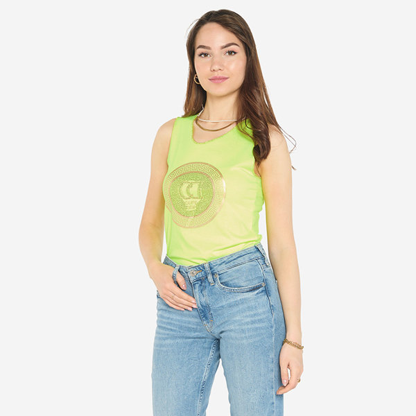 Geltona neoninė palaidinė ant petnešėlių su raštu ir kubiniais cirkoniais - Drabužiai