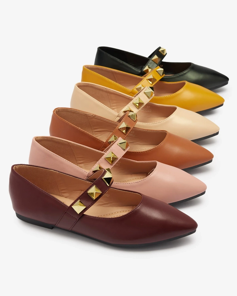 Bordo spalvos moteriški balerinai plokščiu kulnu su kniedėmis Dejika - Avalynė