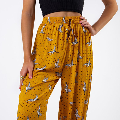 Geltonos moteriškos haremo kelnės su paukščiais - Drabužiai