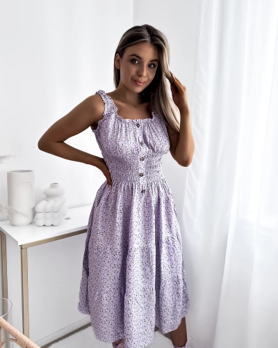 Violetinė moteriška suknelė be petnešėlių su spalvingomis gėlėmis - Apranga