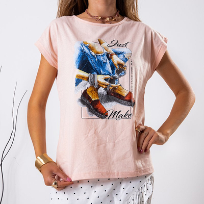 Švelniai rožiniai moteriški medvilniniai marškinėliai su įspaudu-Drabužiai