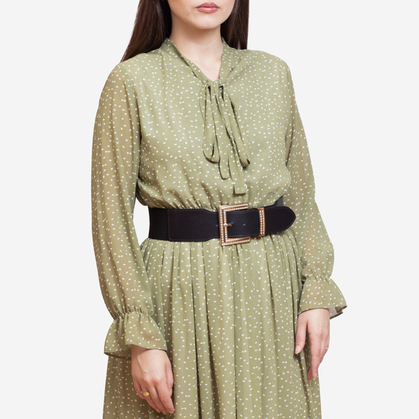 Juodas platus moteriškas diržas su didele auksine sagtimi su cirkonais - Aksesuarai