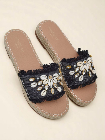 Женские сандалии Royalfashion Helena Decor черные эспадрильи с ракушками