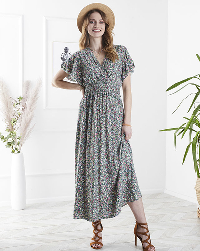 Moteriška gėlėta žalia midi suknelė - Apranga