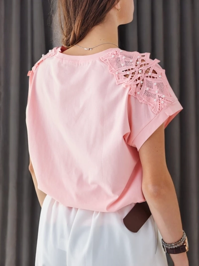 Royalfashion Moteriška medvilninė marškinėliai su nėrinių rankovėmis