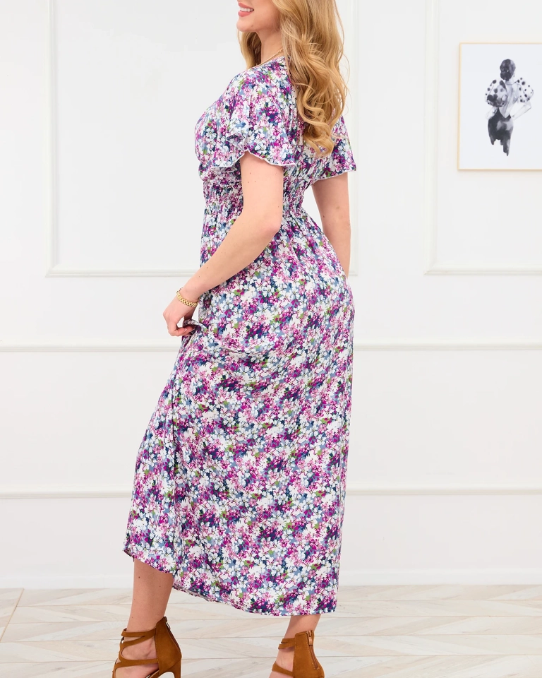 Фиолетово-серое женское цветочное платье макси - Одежда